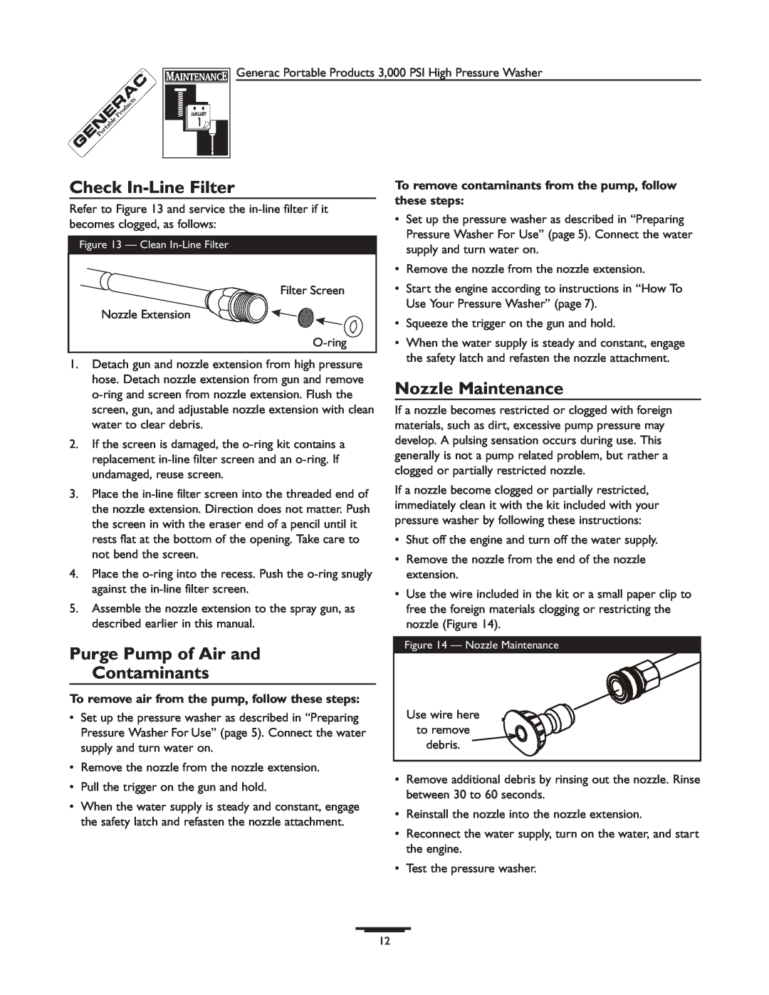 Generac 1418-0 manual Check In-Line Filter, Purge Pump of Air and Contaminants, Nozzle Maintenance 