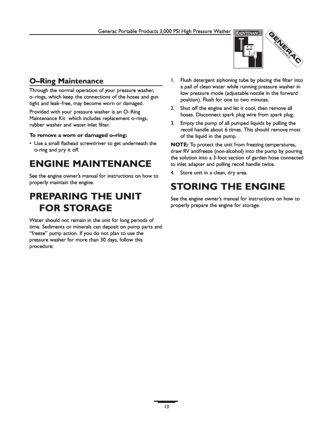 Generac 1418-0 manual Engine Maintenance, Preparing The Unit For Storage, Storing The Engine, O-Ring Maintenance 
