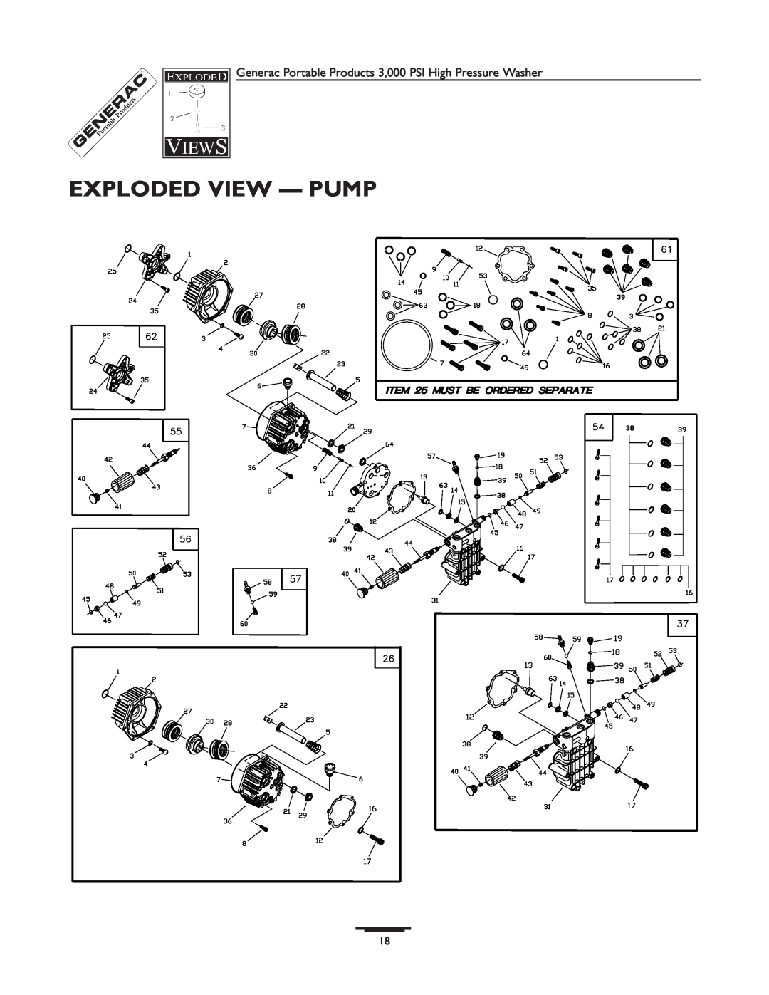 Generac 1418-0 manual Exploded View - Pump, Generac Portable Products 3,000 PSI High Pressure Washer 