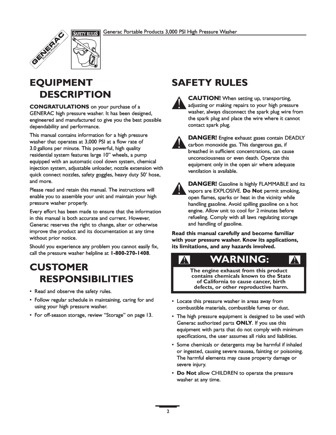 Generac 1418-0 manual Equipment Description, Customer Responsibilities, Safety Rules 