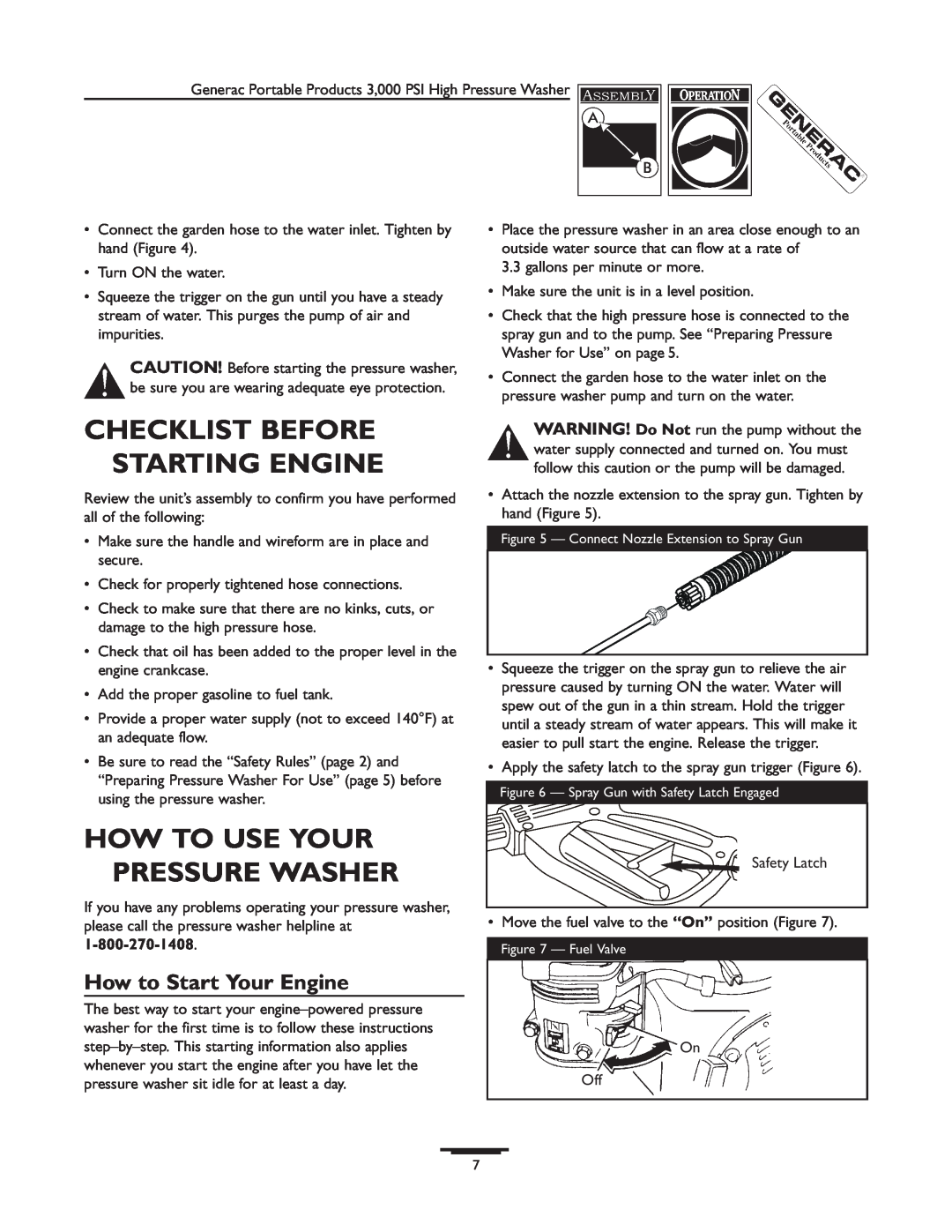 Generac 1418-0 manual Checklist Before Starting Engine, How To Use Your Pressure Washer, How to Start Your Engine 