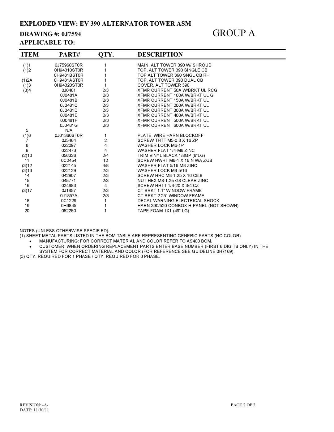 Generac 15113410300 owner manual Exploded View EV 390 Alternator Tower ASM 