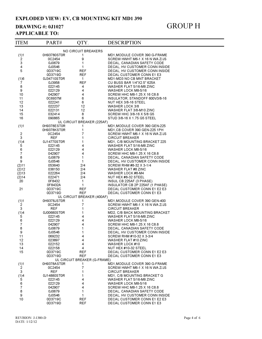 Generac 15113410300 owner manual Group H 