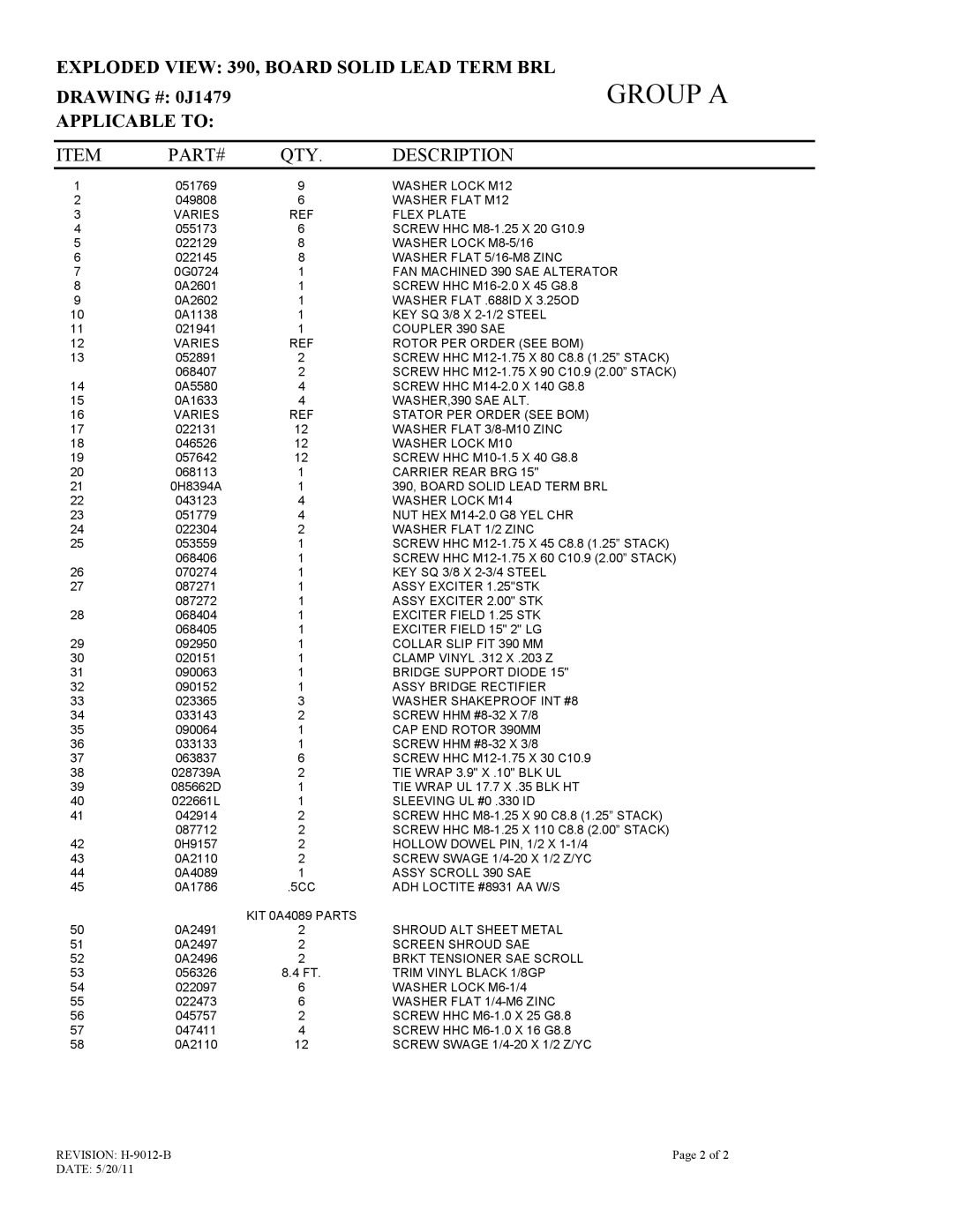 Generac 15113410300 owner manual Exploded View 390, Board Solid Lead Term BRL 