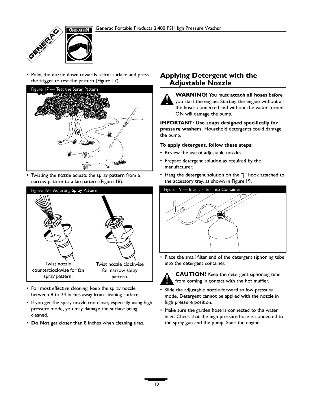 Generac 1537-0 owner manual Applying Detergent with the Adjustable Nozzle, To apply detergent, follow these steps 