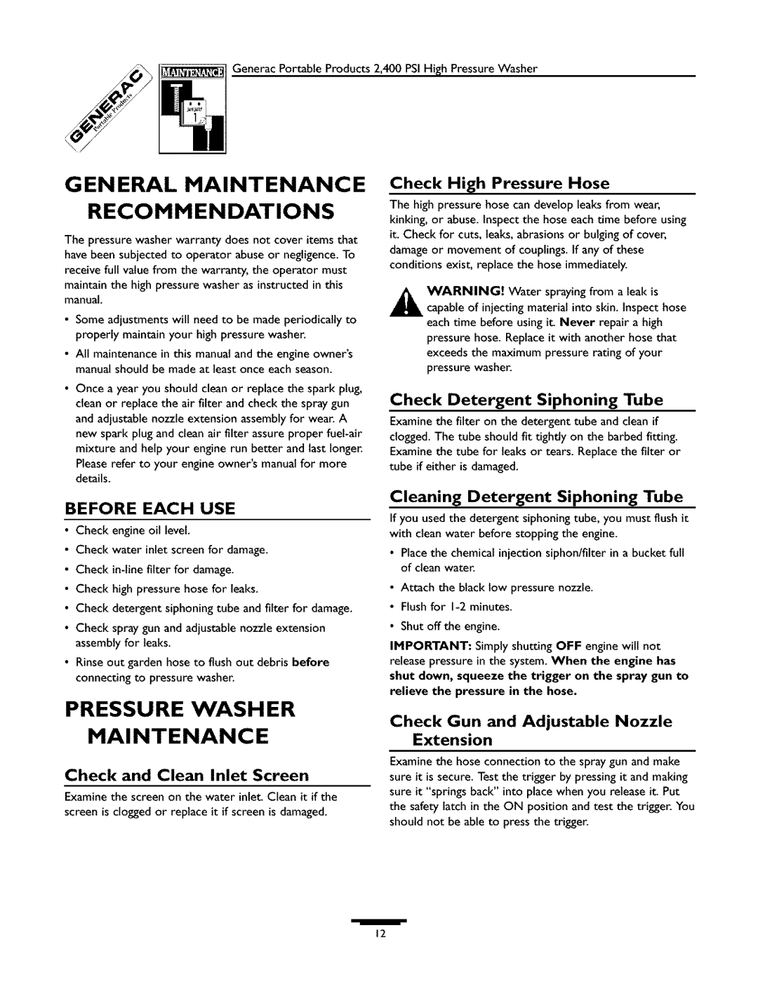 Generac 1537-0 owner manual General Maintenance Recommendations, Pressure Wash ER Maintenance 