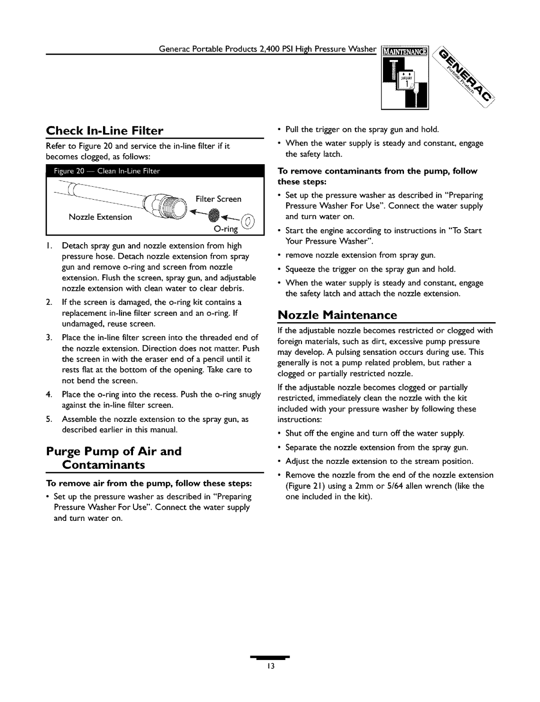 Generac 1537-0 owner manual Purge Pump of Air Contaminants, Check In-Line Filter, Nozzle Maintenance 