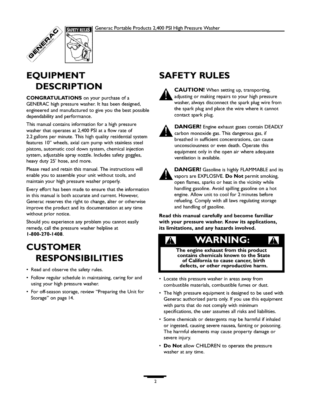 Generac 1537-0 owner manual Equipment Description, Safety Rules, Customer Responsibilities 