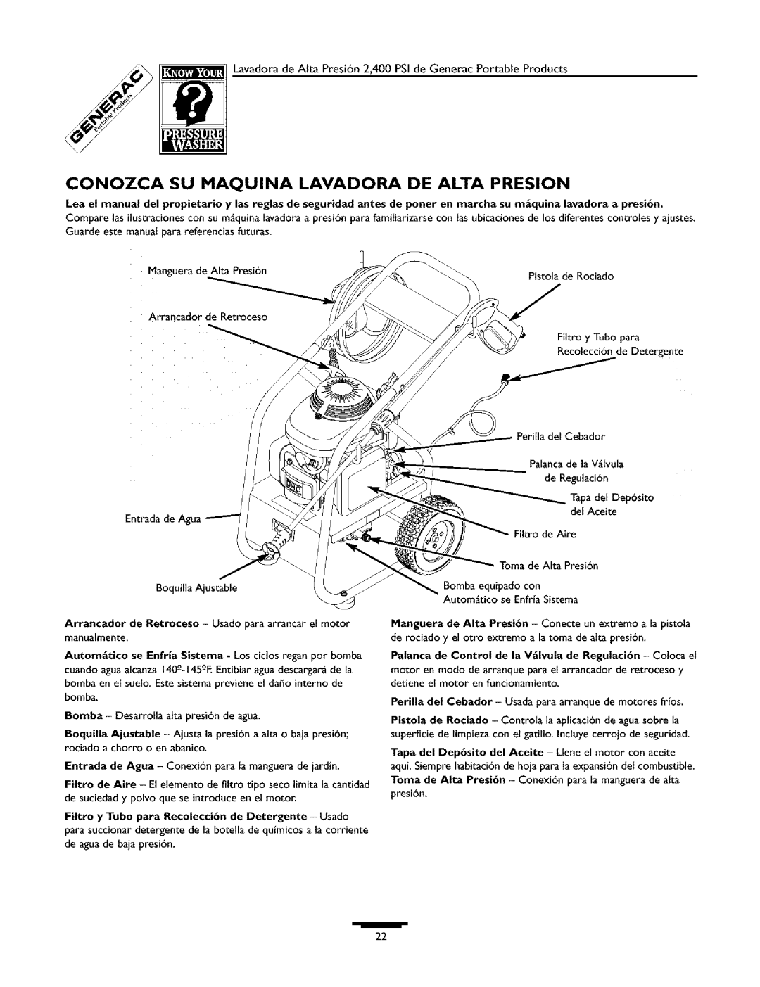 Generac 1537-0 owner manual Conozca SU Maquina Lavadora DE Alta Presion 