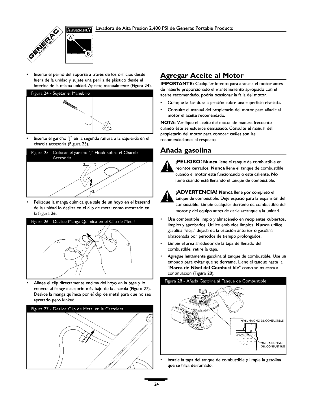 Generac 1537-0 owner manual Agregar Aceite al Motor, Ada gasolina 