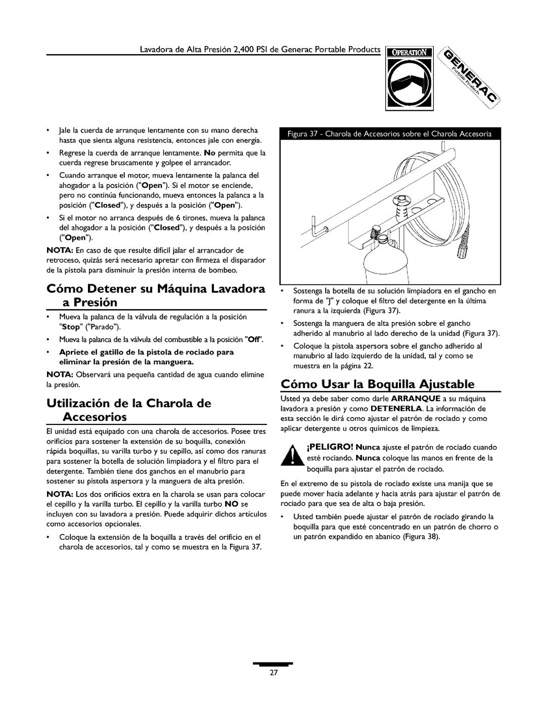 Generac 1537-0 owner manual C6mo Detener su M quina Lavadora a Presi6n, Utilizaci6n de la Charola de Accesorios, Open 