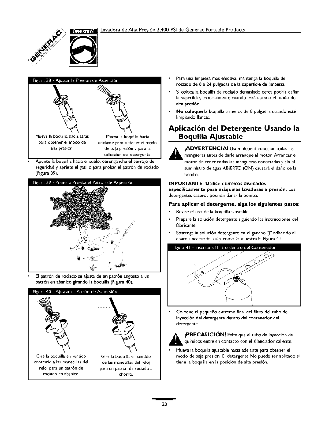 Generac 1537-0 owner manual Aplicaci6n del Detergente Usando la Boquilla Ajustable, Precaucin 