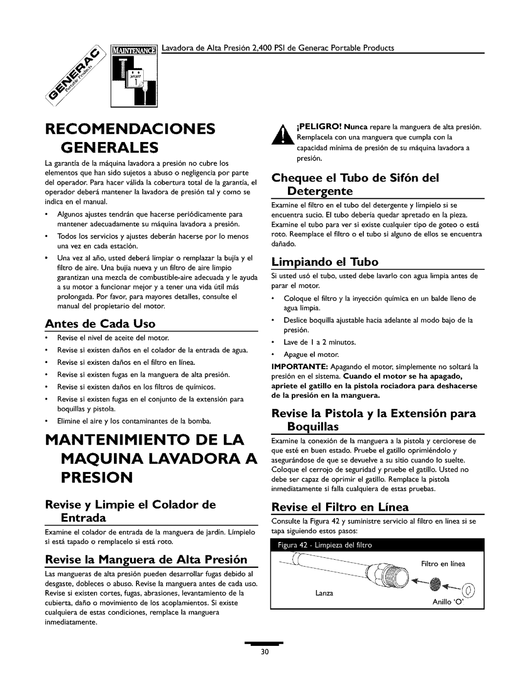 Generac 1537-0 owner manual Recomendaciones EN Erales, Mantenimiento DE LA, Presion 