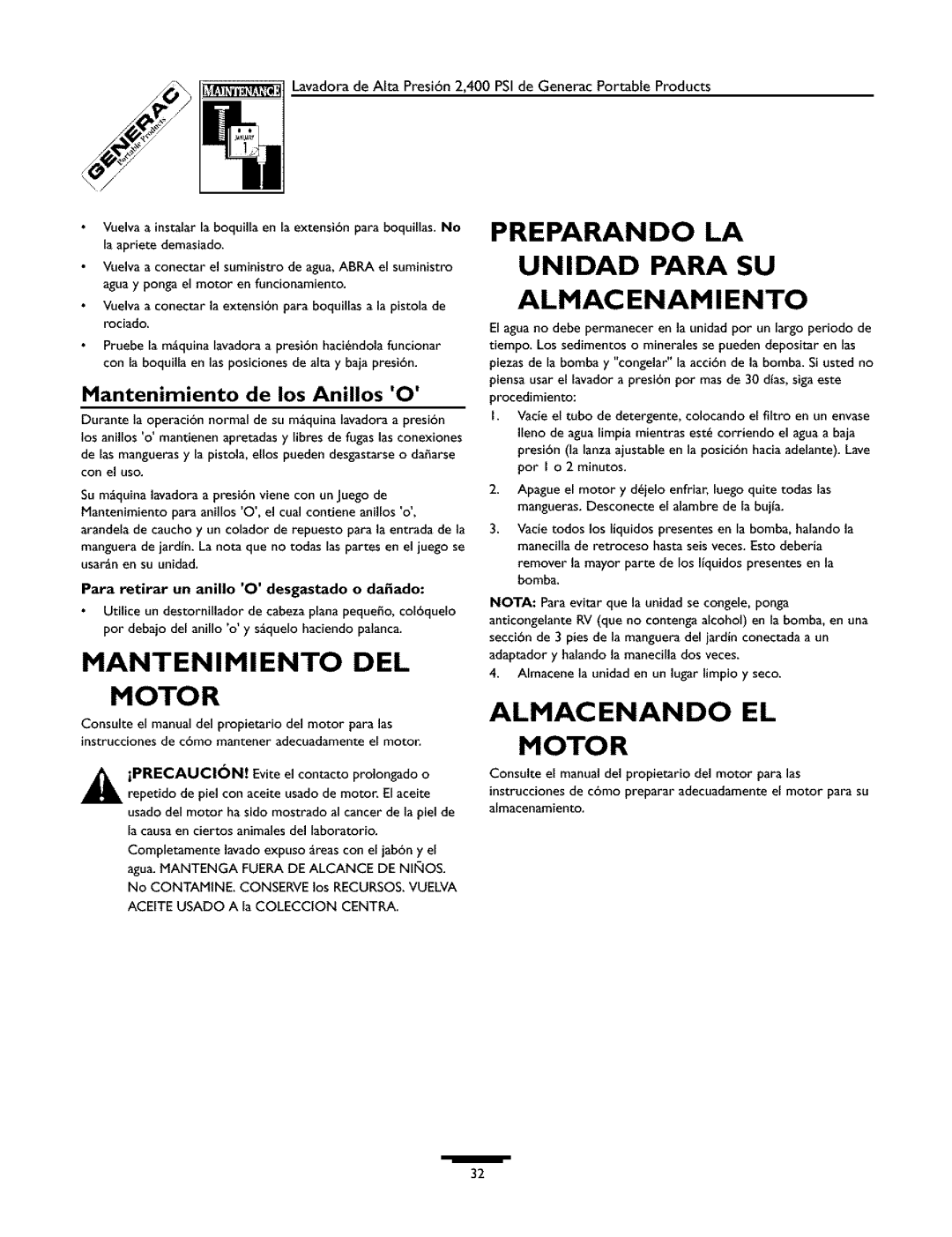 Generac 1537-0 Preparando LA, Mantenimiento DEL Unidad Para SU Almacenamiento, Motor, Mantenimiento de los Anillos O 