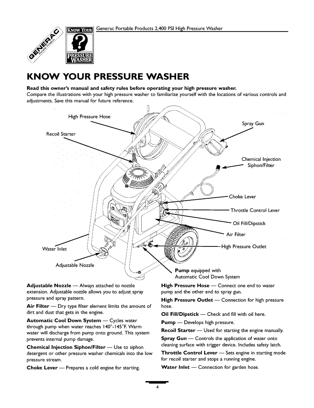 Generac 1537-0 owner manual Know Your Pressure Washer 