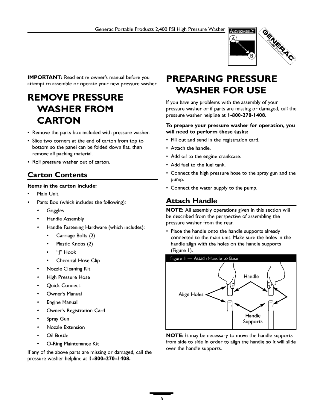 Generac 1537-0 Preparing Pressure, Washer For USE Remove Pressure Washer from Carton, Carton Contents, Attach Handle 