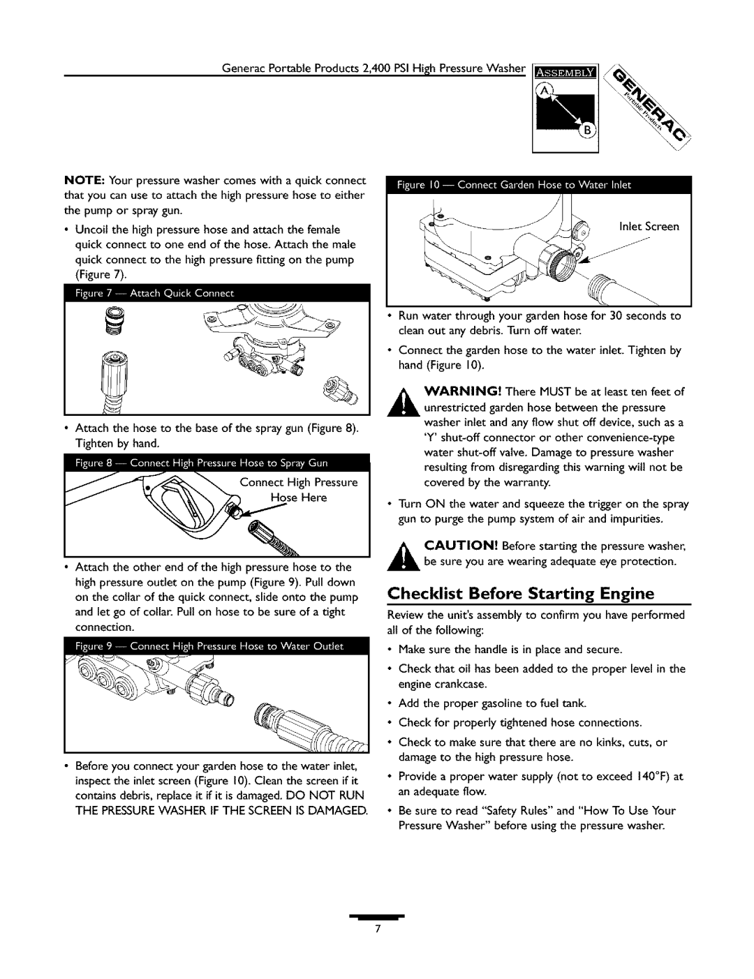 Generac 1537-0 owner manual Checklist Before Starting Engine 