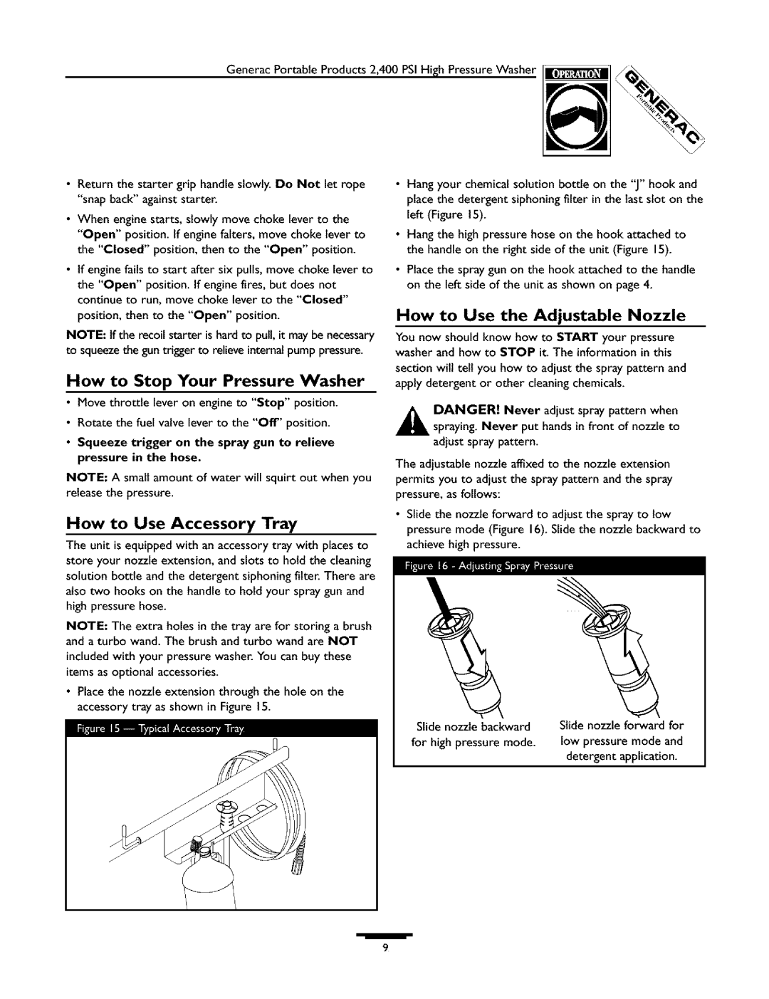 Generac 1537-0 owner manual How to Use Accessory Tray, Items as optional accessories 