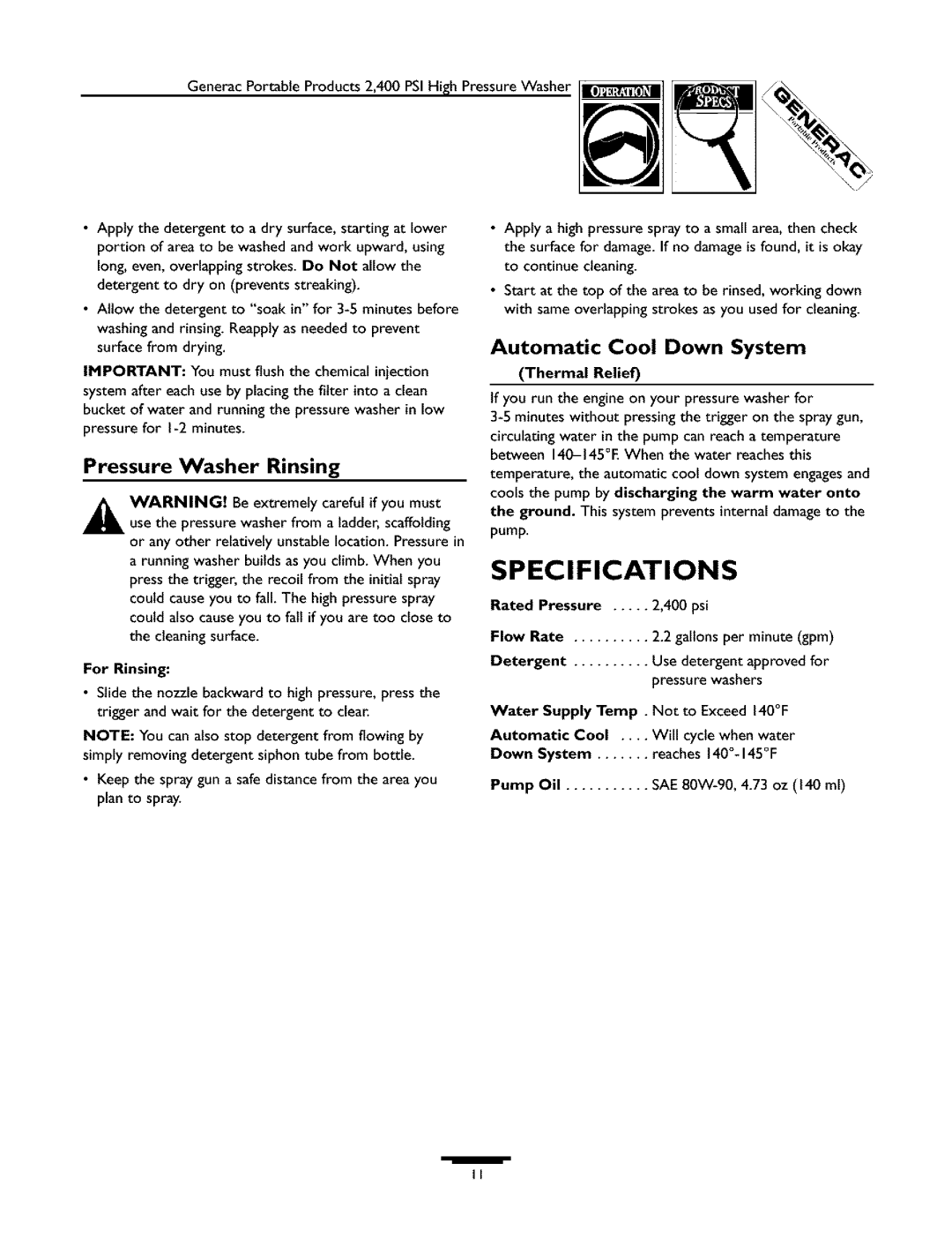 Generac 1537-0 owner manual Specifications, Pressure Washer Rinsing, Automatic Cool Down System 
