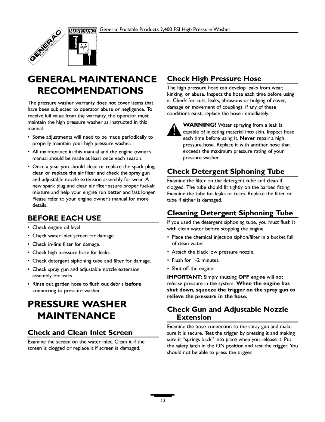 Generac 1537-0 owner manual General Maintenance Recommendations, Pressure Wash Er Maintenance, Before Each Use 