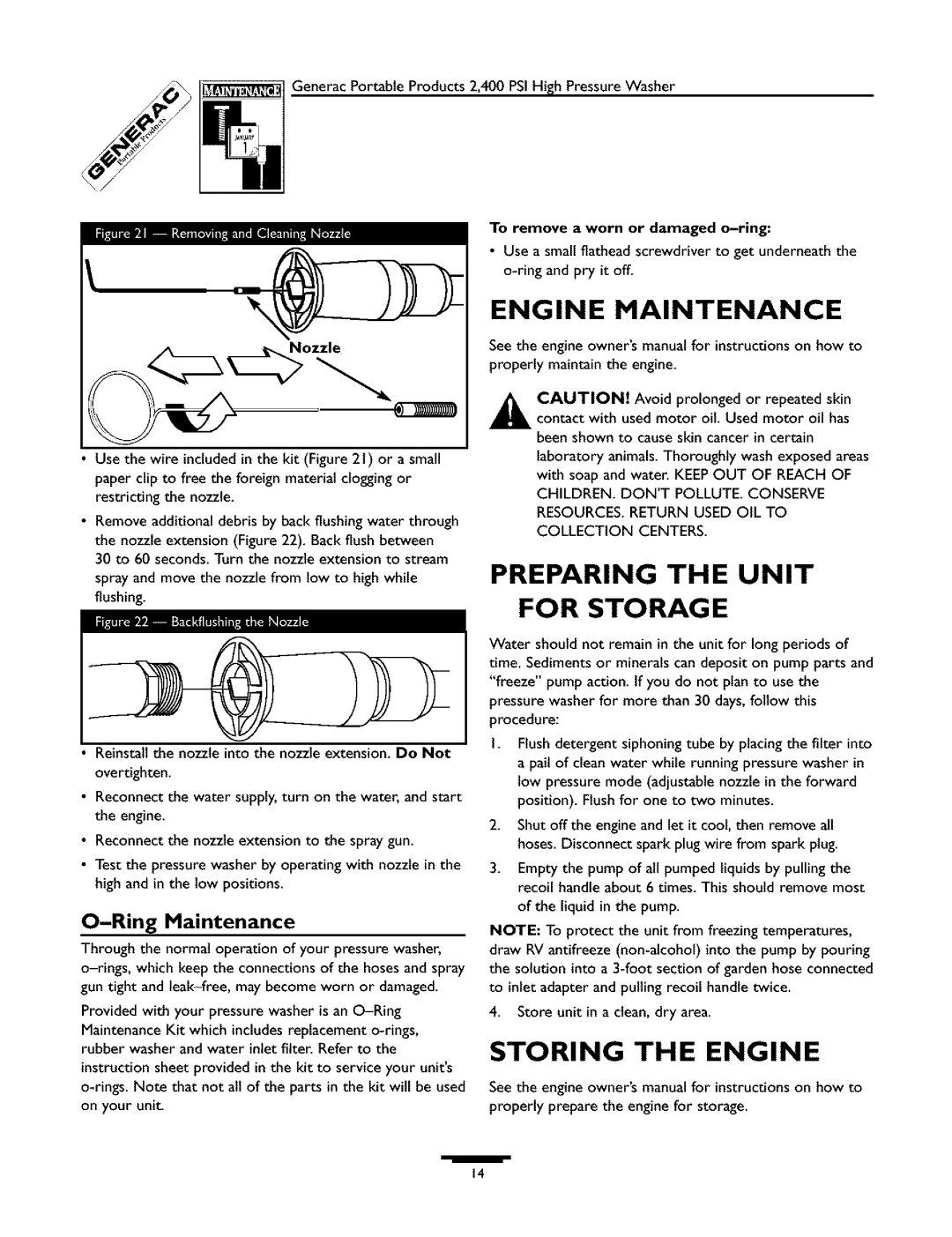 Generac 1537-0 owner manual Engine Maintenance, Preparing The Unit, For Storage, Storing The Engine, O-Ring Maintenance 