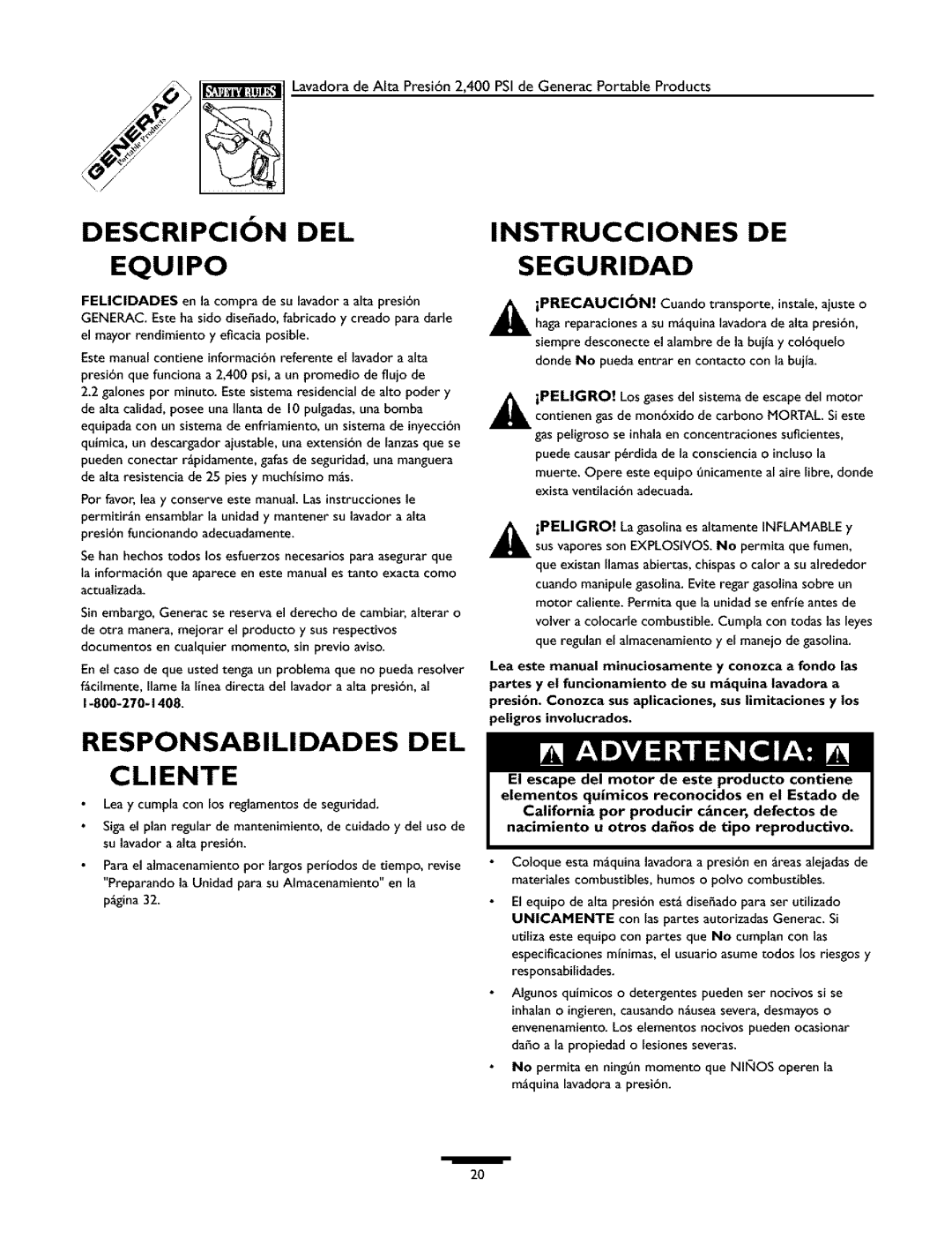 Generac 1537-0 owner manual Instrucciones De Seguridad, DESCRIPCION DEL EQUlPO, Responsabilidades Del Cliente 