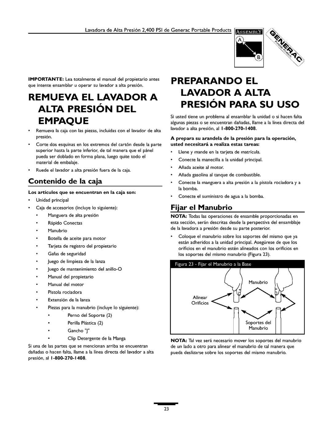 Generac 1537-0 owner manual Preparando, Remueva El Lavador A Alta Presion Del Empaque, Lavador A Alta Presion Para Su Uso 