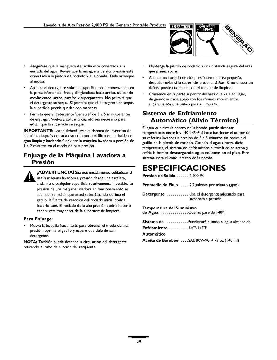 Generac 1537-0 owner manual Especificaciones, Enjuage de la M quina Lavadora a Presi6n 