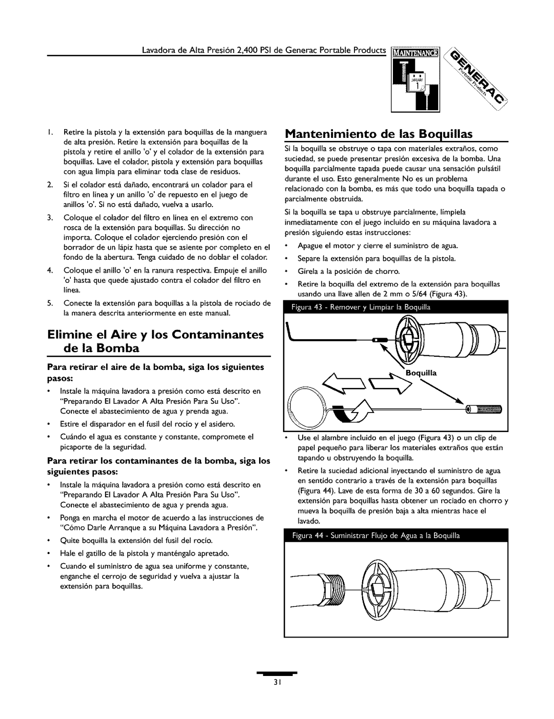 Generac 1537-0 owner manual Elimine el Aire y los Contaminantes de la Bomba, Mantenimiento de las Boquillas 