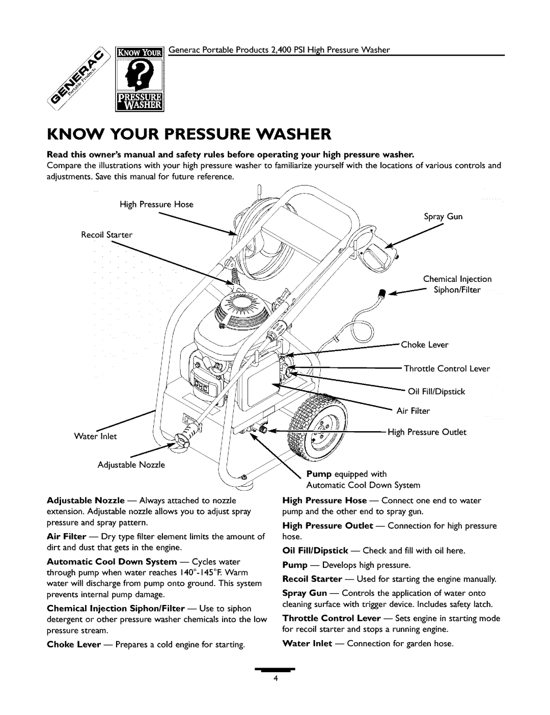 Generac 1537-0 owner manual Know Your Pressure Washer, GeneracPortableProducts2,400PSIHighPressureWasher 
