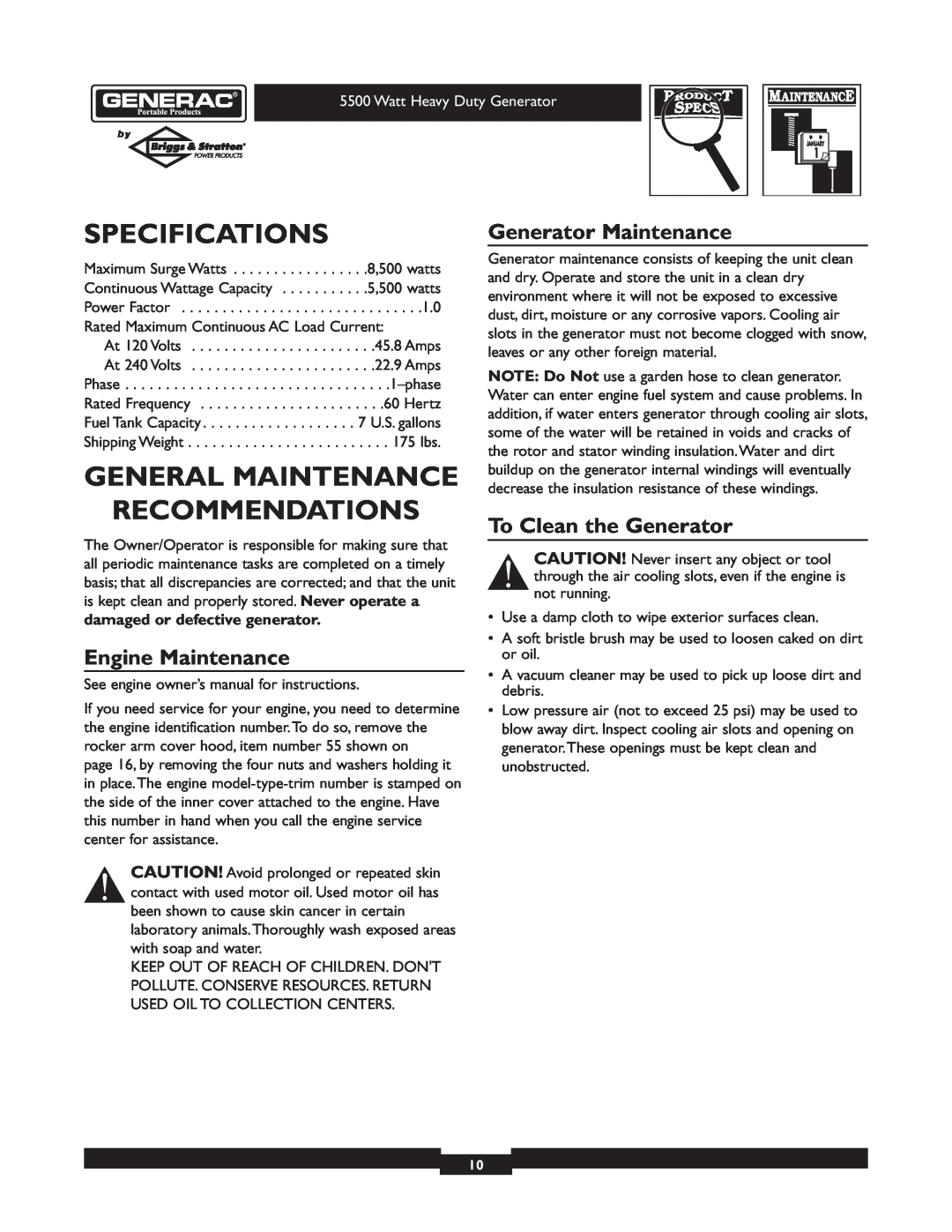 Generac 1654-0 owner manual Specifications, General Maintenance, Recommendations, Generator Maintenance, Engine Maintenance 