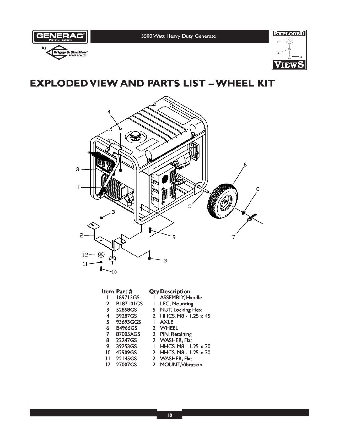 Generac 1654-0 owner manual Exploded View And Parts List - Wheel Kit, Qty Description 