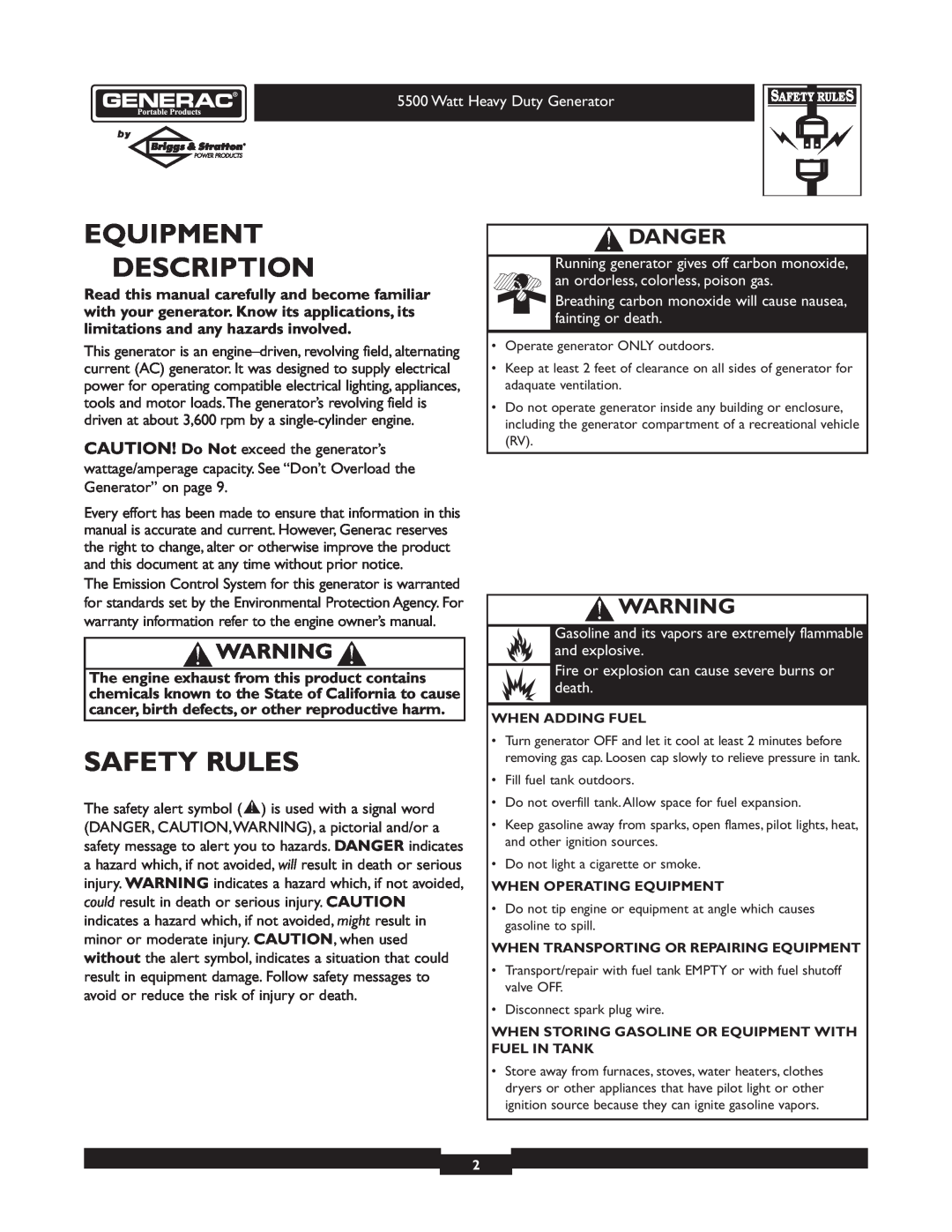 Generac 1654-0 owner manual Equipment Description, Safety Rules, Danger, When Adding Fuel, When Operating Equipment 