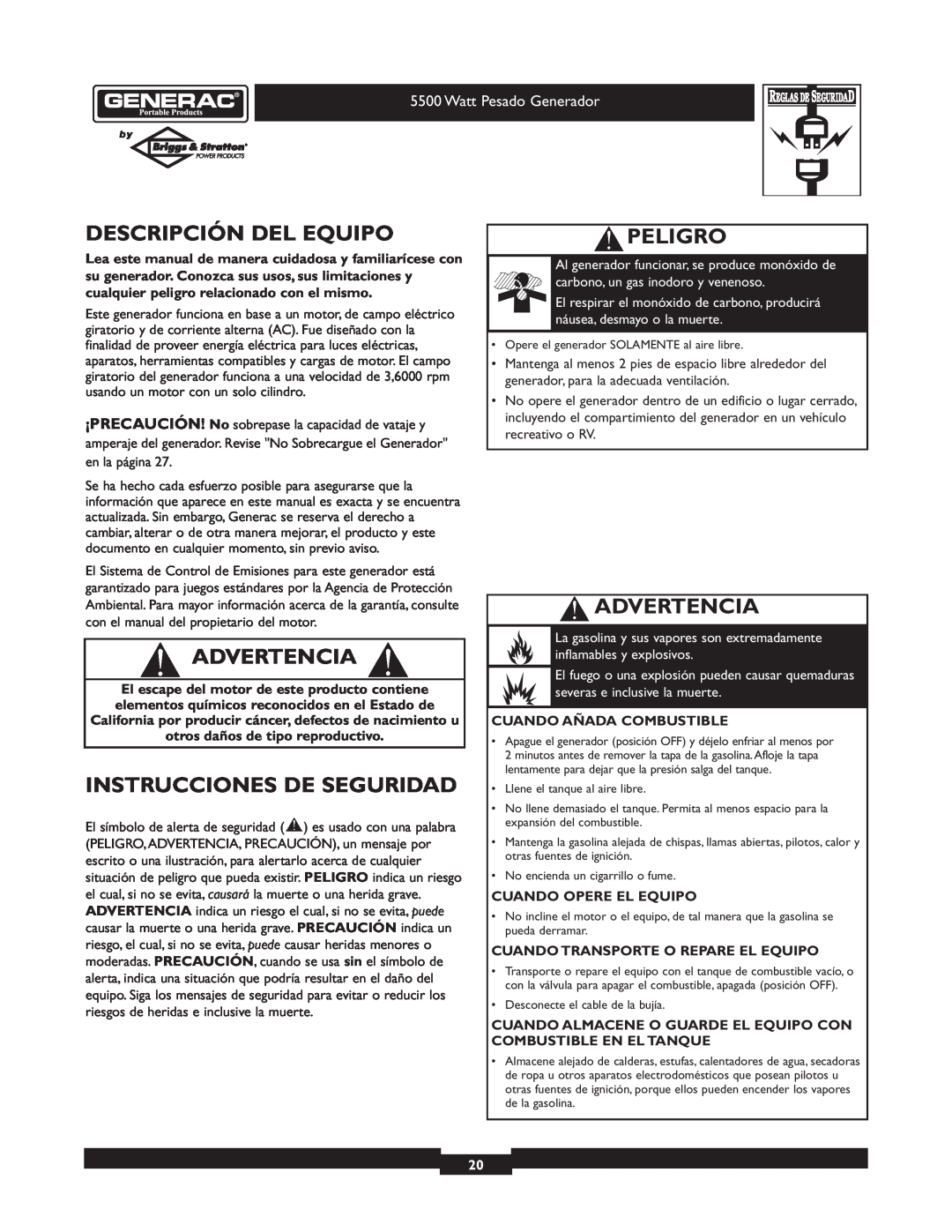 Generac 1654-0 Descripción Del Equipo, Advertencia, Instrucciones De Seguridad, Peligro, Cuando Añada Combustible 