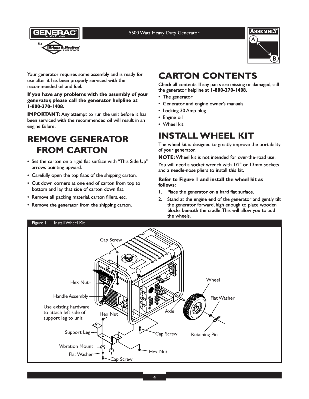 Generac 1654-0 owner manual Carton Contents, Remove Generator From Carton, Install Wheel Kit 