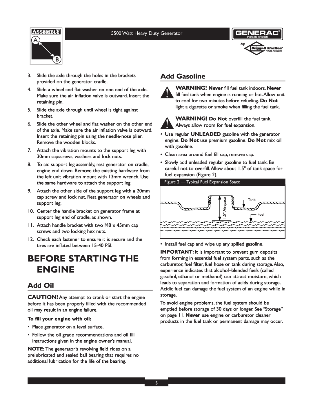Generac 1654-0 owner manual Before Starting The Engine, Add Gasoline, Add Oil, To fill your engine with oil 