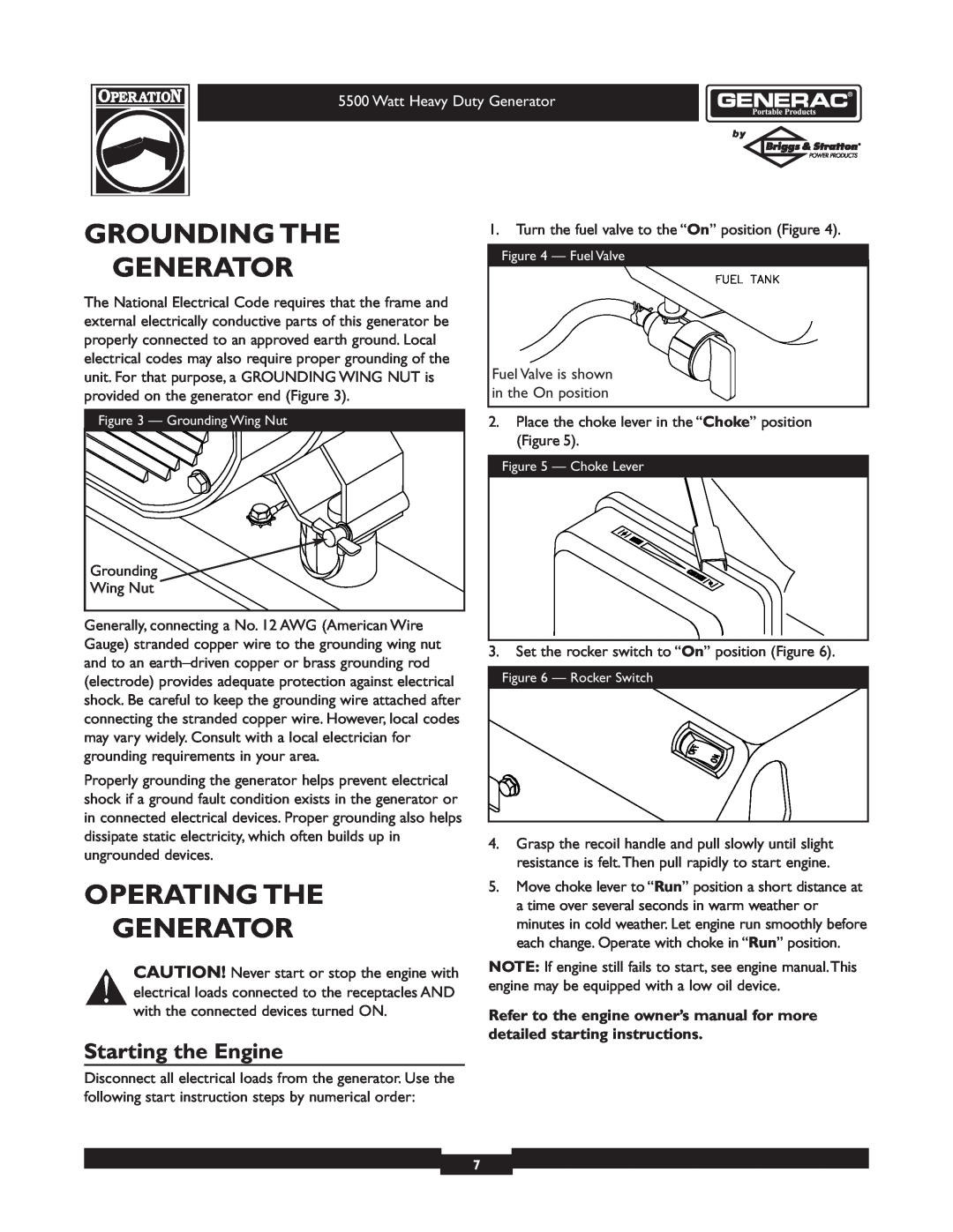 Generac 1654-0 owner manual Grounding The, Operating The Generator, Starting the Engine 
