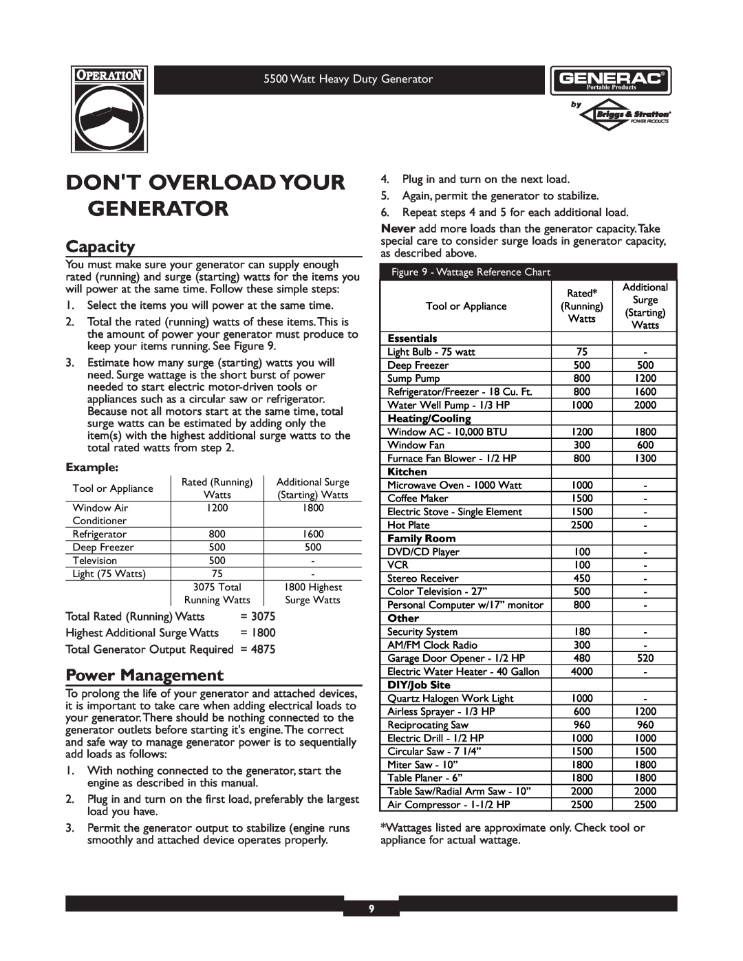 Generac 1654-0 owner manual Dont Overload Your Generator, Capacity, Power Management, Example 