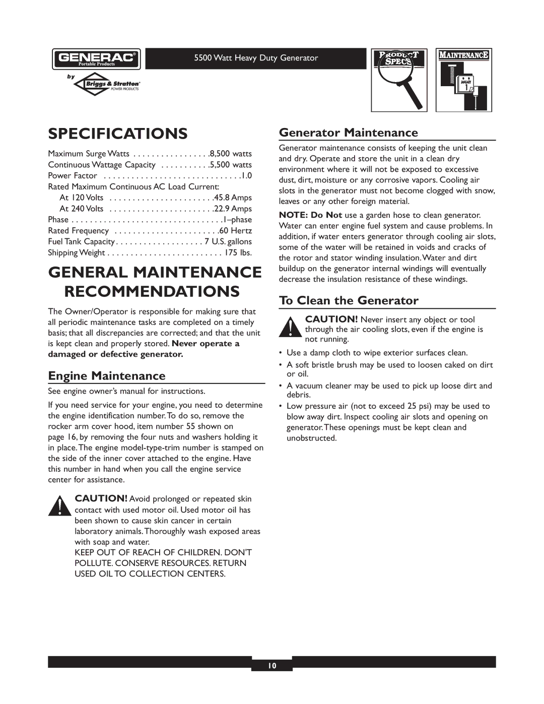 Generac 1654-0 owner manual Specifications, General Maintenance, Recommendations 