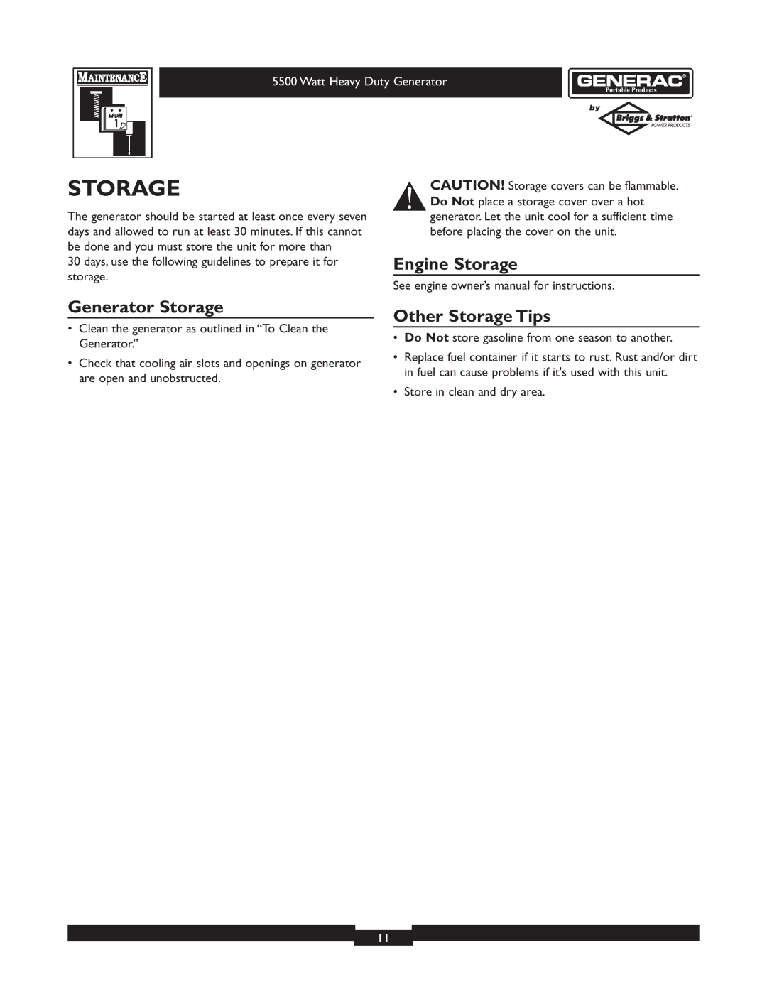 Generac 1654-0 owner manual Engine Storage Generator Storage, Other Storage Tips 