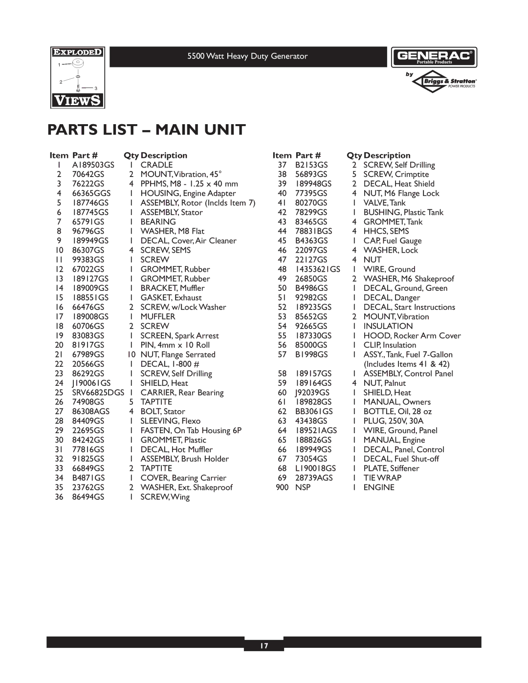 Generac 1654-0 owner manual Parts List Main Unit, Qty Description 