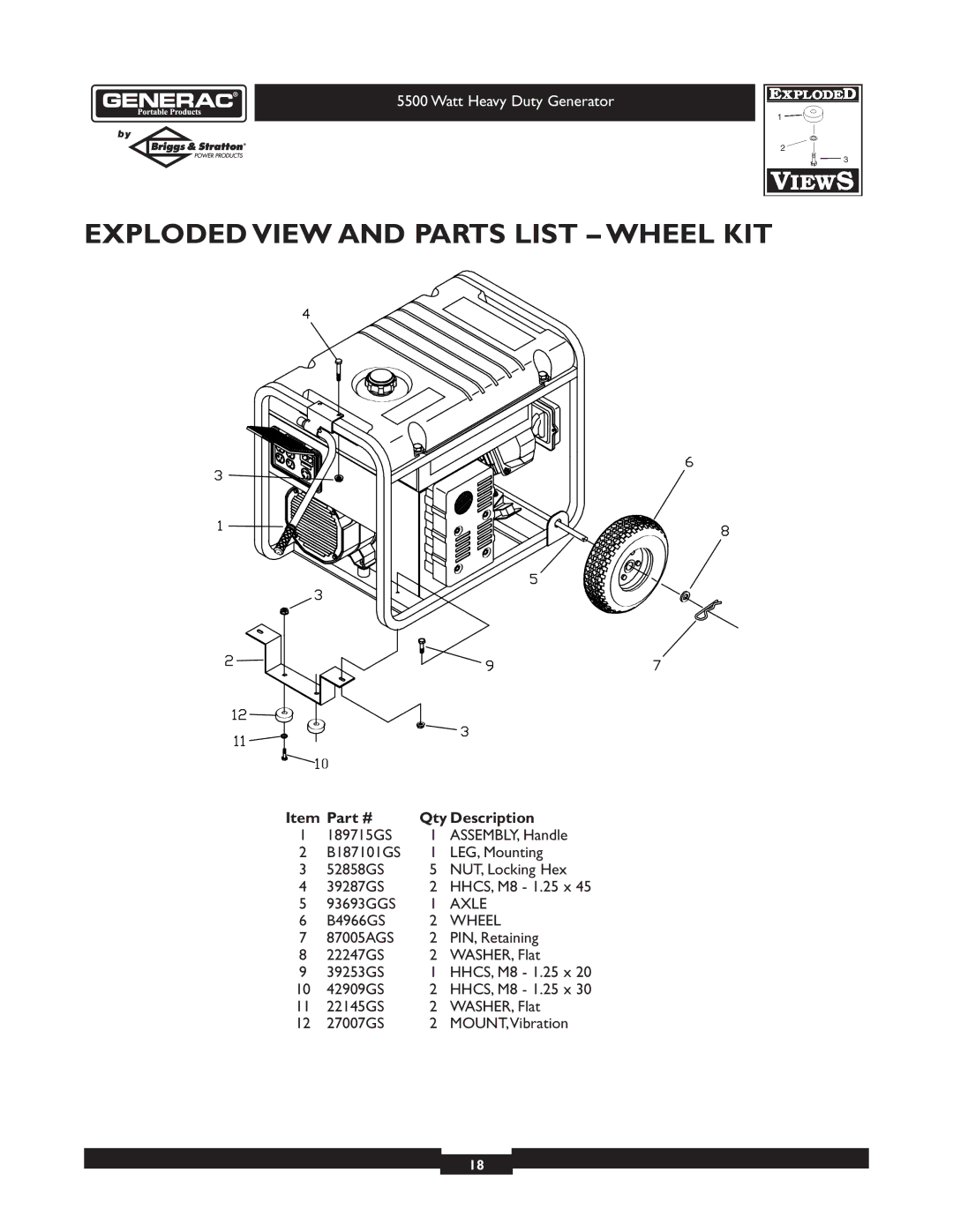 Generac 1654-0 owner manual Exploded View and Parts List Wheel KIT 