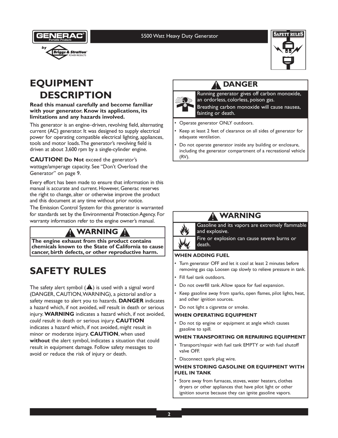 Generac 1654-0 owner manual Equipment Description, Safety Rules 