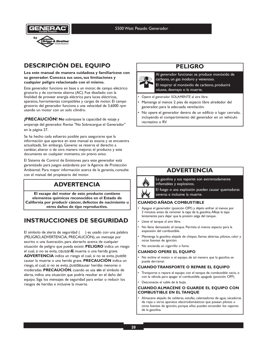 Generac 1654-0 owner manual Descripción DEL Equipo, Advertencia, Instrucciones DE Seguridad, Peligro 