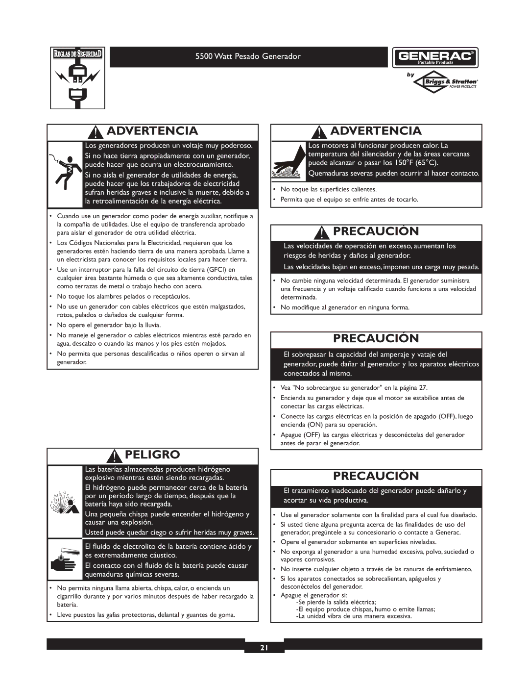 Generac 1654-0 owner manual Precaución 