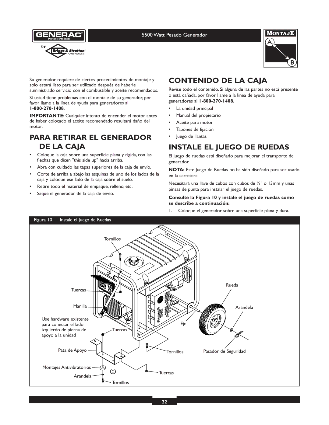 Generac 1654-0 owner manual Para Retirar EL Generador DE LA Caja, Contenido DE LA Caja, Instale EL Juego DE Ruedas 