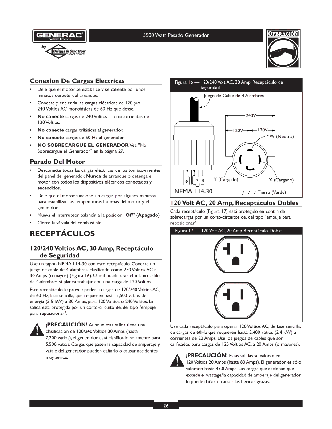 Generac 1654-0 owner manual Conexion De Cargas Electricas, Parado Del Motor, Volt AC, 20 Amp, Receptáculos Dobles 