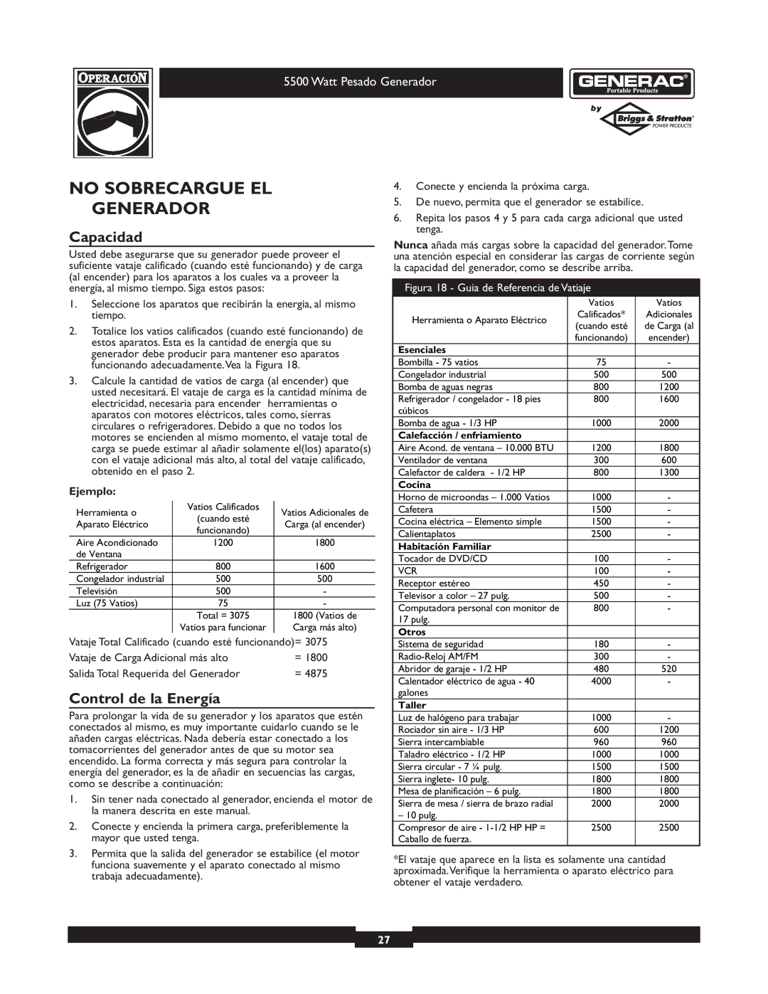 Generac 1654-0 owner manual No Sobrecargue EL Generador, Capacidad, Control de la Energía 