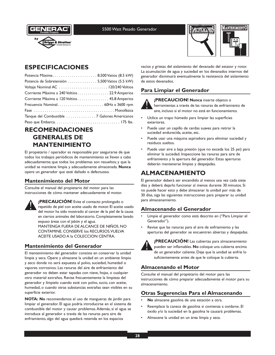 Generac 1654-0 owner manual Especificaciones, Recomendaciones Generales DE Mantenimiento, Almacenamiento 