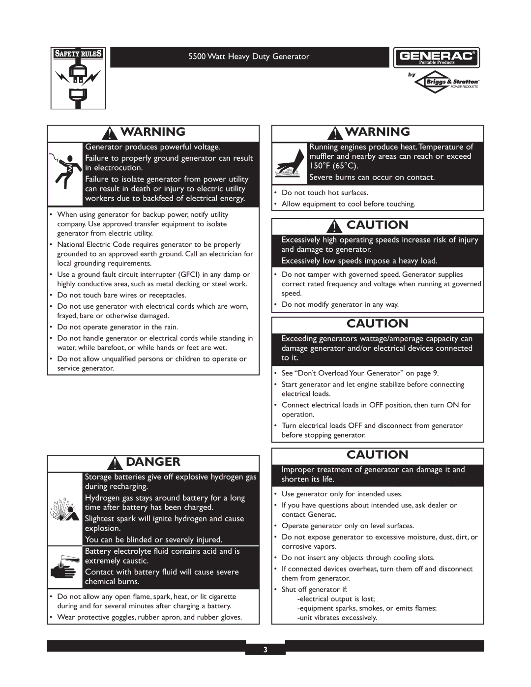 Generac 1654-0 owner manual Wear protective goggles, rubber apron, and rubber gloves 